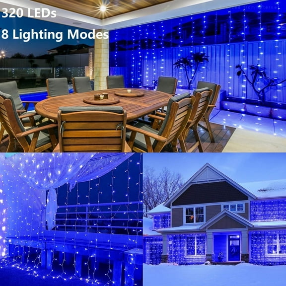 320 LED 9.8FT × 9.8FT Window Curtain String Light, 8 Modes, Wedding String Lights Decorations for Christmas Party Home Bedroom, Blue