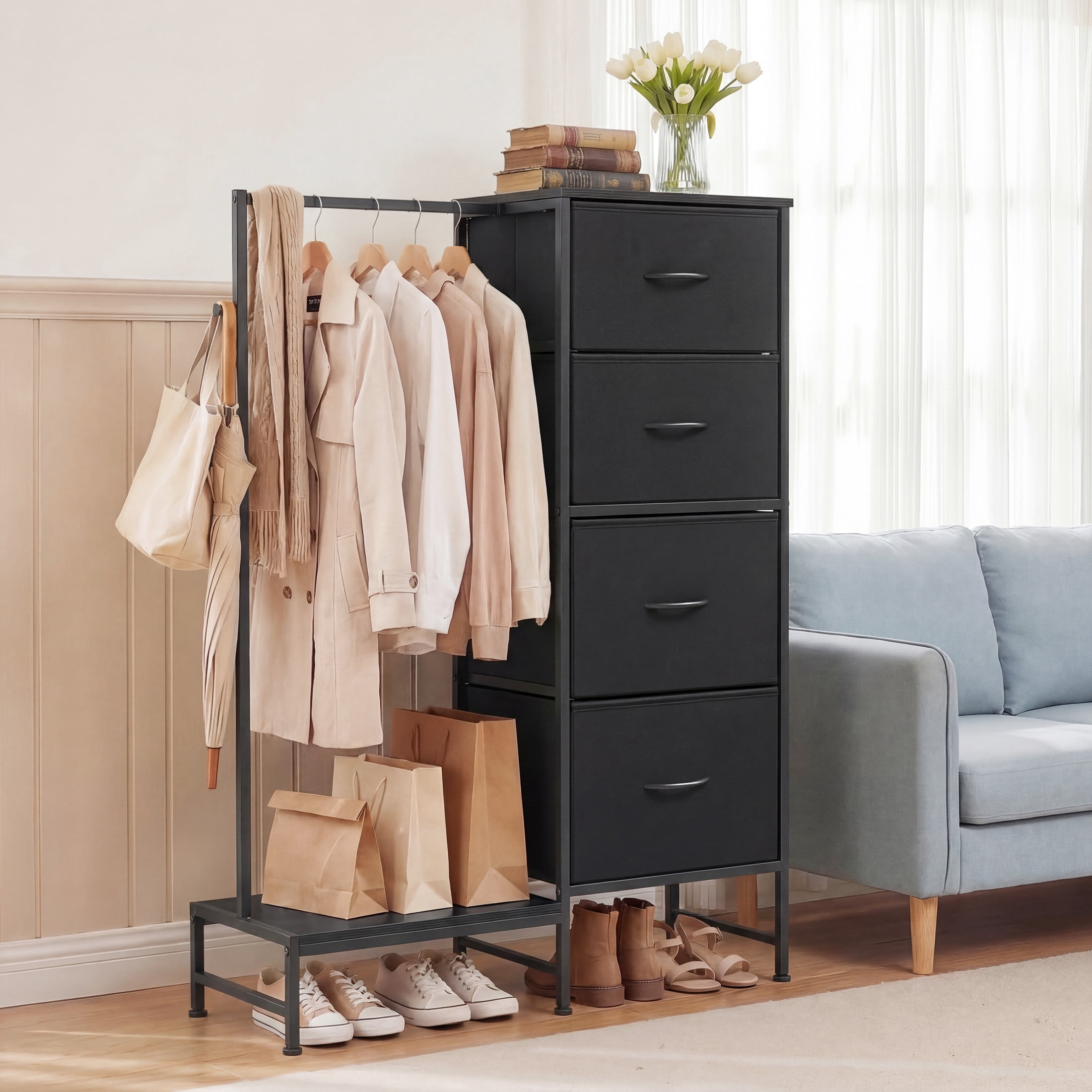 EDX 44"H Dresser with Hanging Rack, 4 Drawers Small Closet for Bedroom, Can be assembled by flipping left and righte Clothes Rack, Sturdy Frame, Black