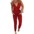 thumbnail image 1 of UKAP Ladies Jumpsuits Wrap V Neck One Piece Pants With Pockets Romper Boho Holiday Summer Red XS, 1 of 2