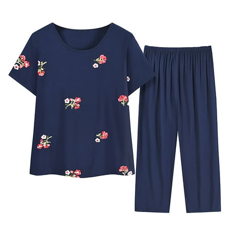

Xihbxyly Linen Sets for Women 2 Piece Button Down Pajamas for Women Plus Size Summer Outfits Printed Loungewear Short Sleeve Button Down Two Piece Shirt Cropped Pants Dark Blue XXXXL