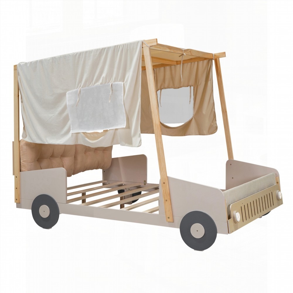 Full Size Wood Car Bed with Pillow & LED Lights, Natural & Sturdy
