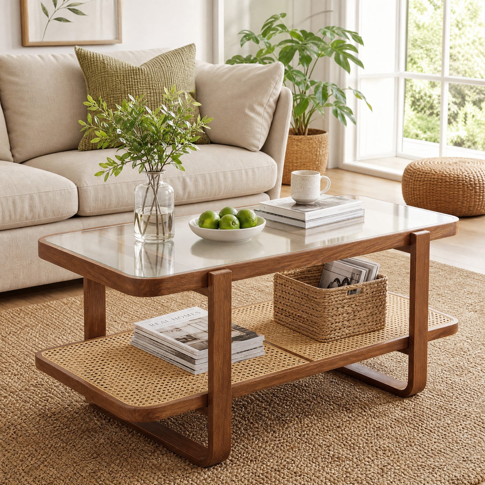 Furnibear Rattan Coffee Table with Frosted Tempered Glass Top and Storage Shelf for Living Room 2 Tier Center Table, Walnut