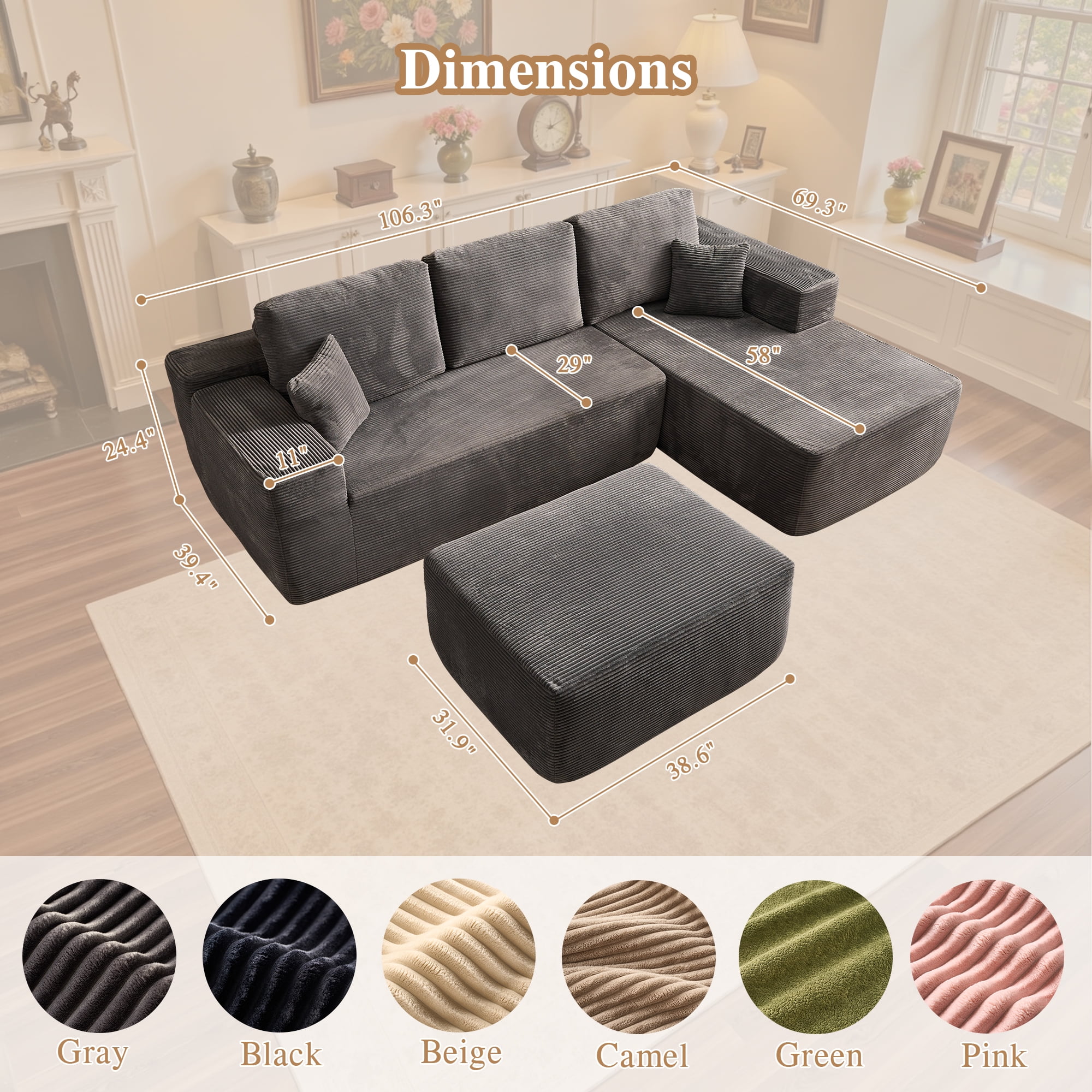 Ovios 106" Cloud Sofa Couch No Assembly Boneless Deep Seat Sofa with Ottoman for Living Room, Gray (Corduroy)