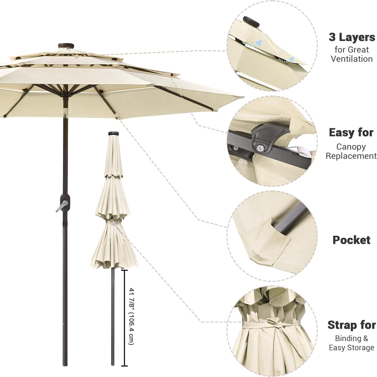 9ft Prelit Umbrella 3-Tiered Patio Umbrella with Lights, Beige