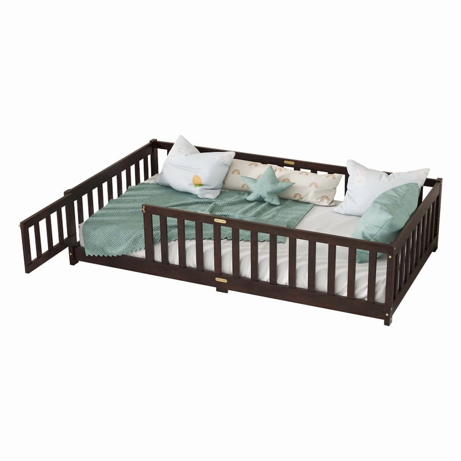 Mirightone Twin Size Floor Bed , Wood Montessori Floor Beds with Fence Railings, Door & Slats Support, Twin Playhouse Bed Frame, (Espresso)