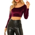thumbnail image 1 of INSPIRAR CHIC Blusas Cortas de Terciopelo de Manga Larga Off Shoulder S Burgundy, 1 of 8