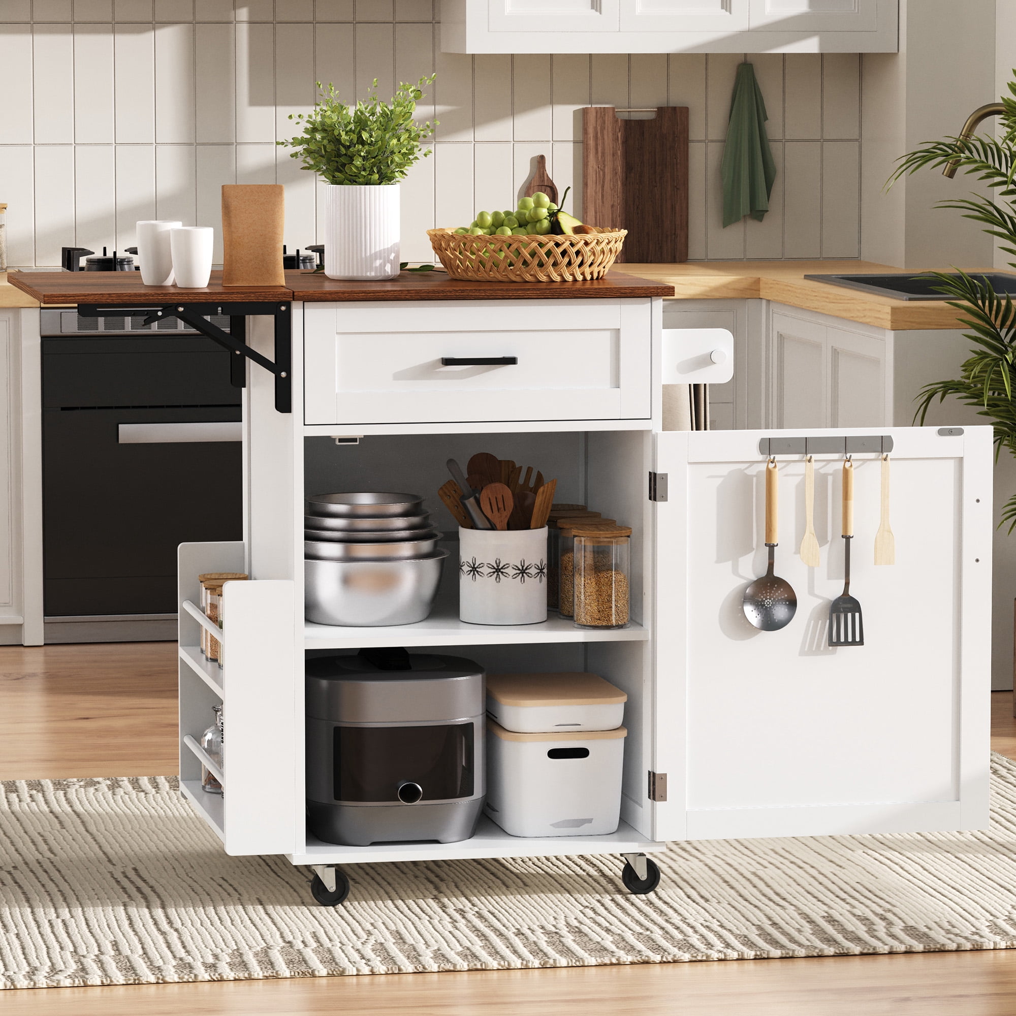 Aukfa Rolling Kitchen Island with Drop Leaf, 39" Mobile Kitchen Cart with Storage Cabinet and Drawer, White