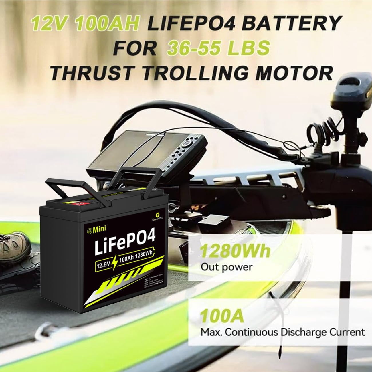 GreenOE 12V 100Ah Mini LiFePO4 Battery,Deep Cycle Battery with 100A BMS, 1280Wh, up to 15000 Cycles, Lithium Battery for RVs, Trolling Motor & Solar System