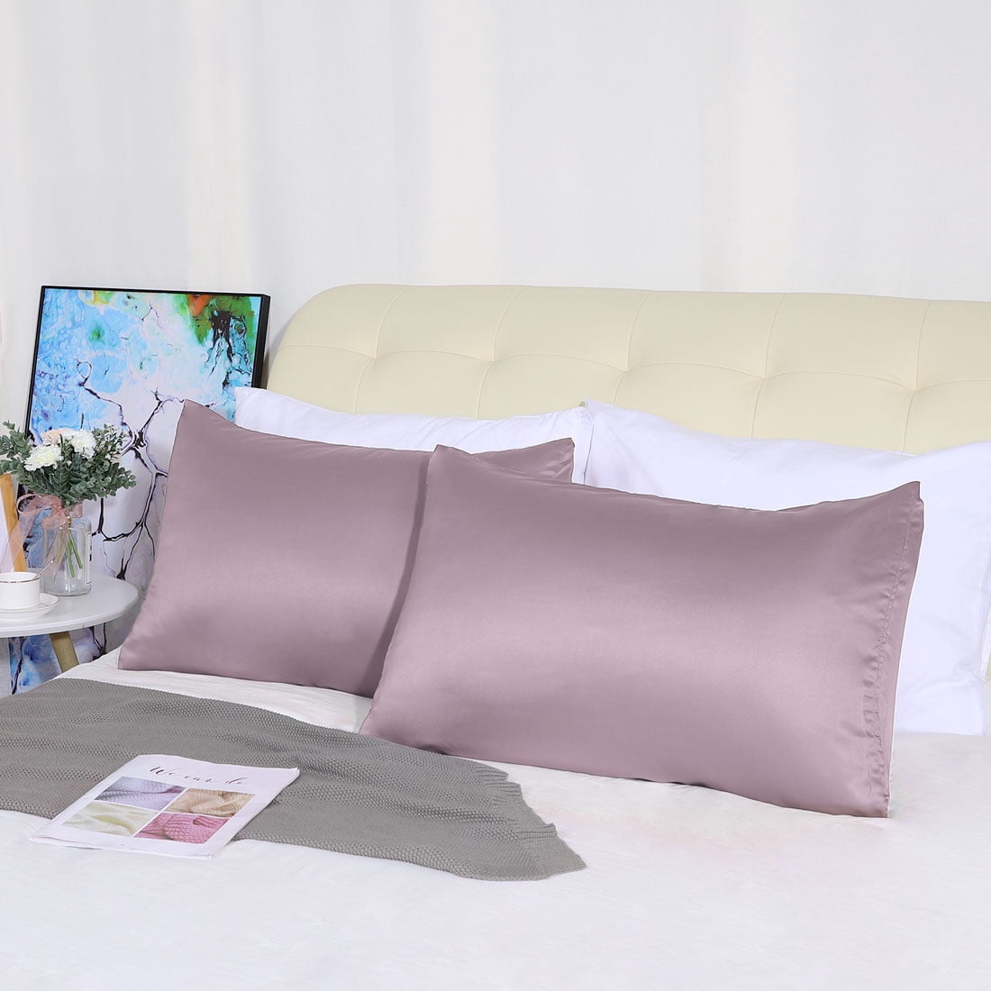 Unique Bargains Silky Satin Pillow Cases Covers Set of 2 Mauve Queen