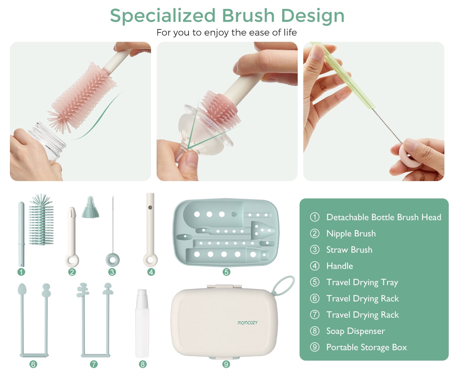 Momcozy Portable Bottle Brush Set - Baby Bottle Cleaner Kit with Silicone Brush, Drying Rack - 6 in 1 Bottle Cleaning Tool for Home and Travel Green 1 Set
