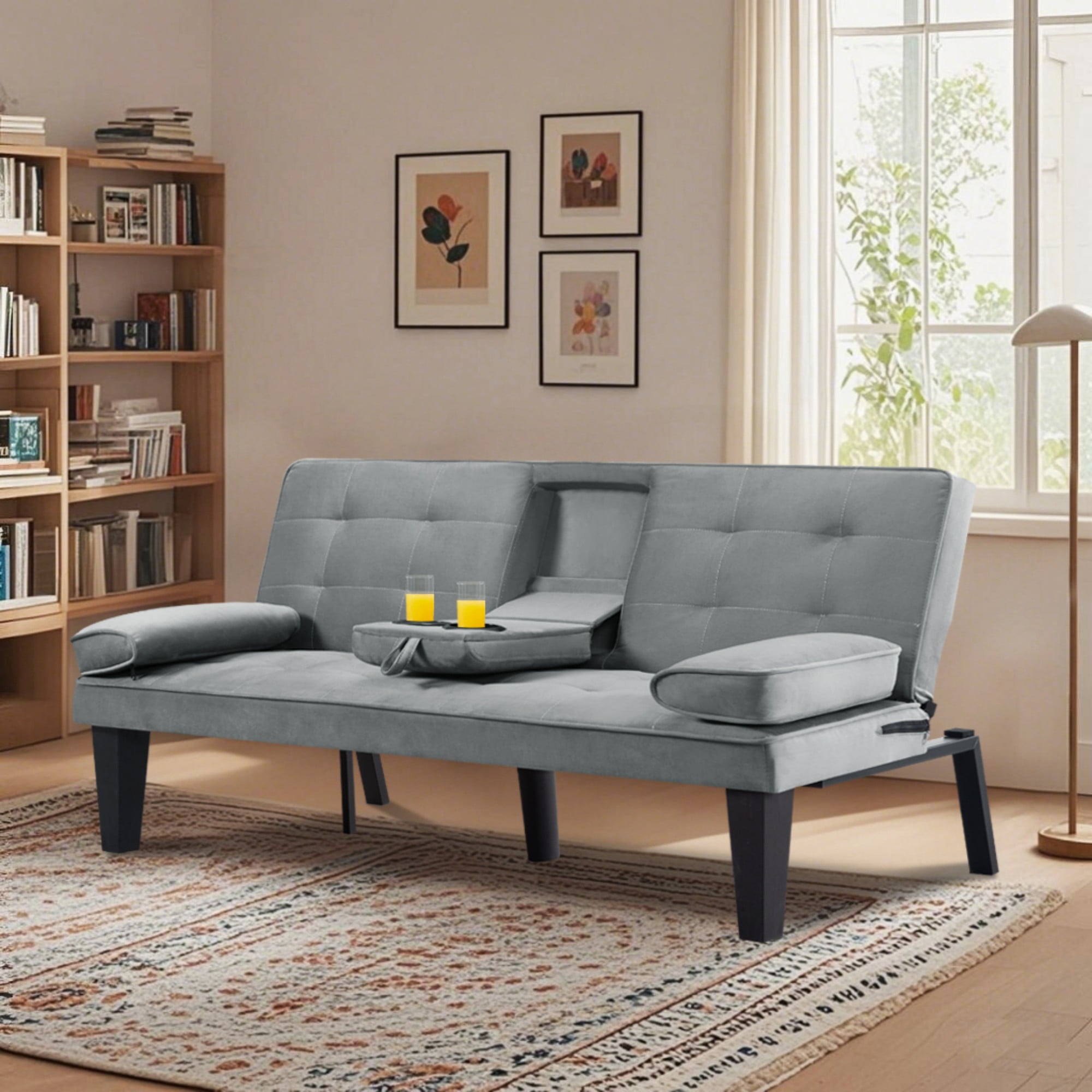 BSHTI 65" Modern Velvet Futon Sofa Bed with Drop Down Cup Holders, 3-Position Adjustable Backrest, Removable Arm Cushions, Chrome Legs for Living Room & Guest Room Light Grey