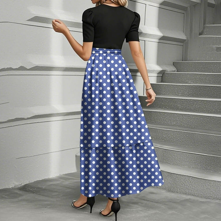 TQWQT Modest Dresses for Women Short Sleeve Polka Dot Print Church Maxi  Dresses Long Maternity Patchwork Ruffle Hem A Line Dresses Fashion Teacher  Clothes Blue M - Walmart.com
