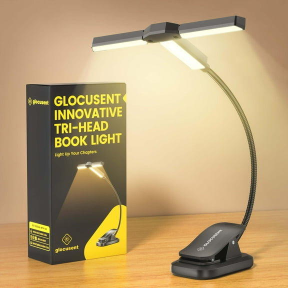 Glocusent Tri-Head Book Light for Reading at Night, 1000mAh Rechargeable Reading Light with 30-Min Timer, 10-100Hrs, 3 Colors & 5 Brightness Levels, Partner Friendly, Perfect for Book Lovers