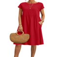 thumbnail image 1 of CHOK Women Short Sleeve A-Line Short Casual Pockets Linen Dress, 1 of 4