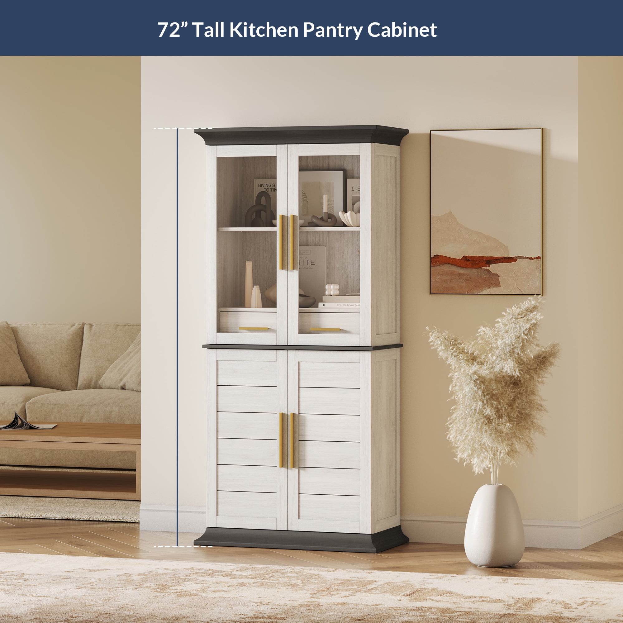 BELLEZE 72" Tall Kitchen Pantry, Large Storage Cabinet With Doors and Shelves, 2 Built-in Drawers, Freestanding Corner Hutch Cabinet With Storage For Kitchen,Dining Room and Living Room (White)