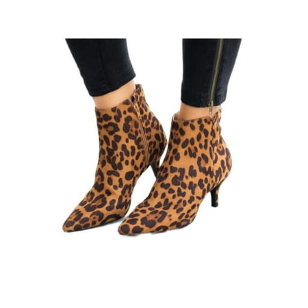 

Ritualay Women Heeled Booties Side Zip Dress Bootie Shoes Sexy Stiletto Boots Comfort Casual Ankle Boot Walking Party Pointed Toe Leopard Print 4.5