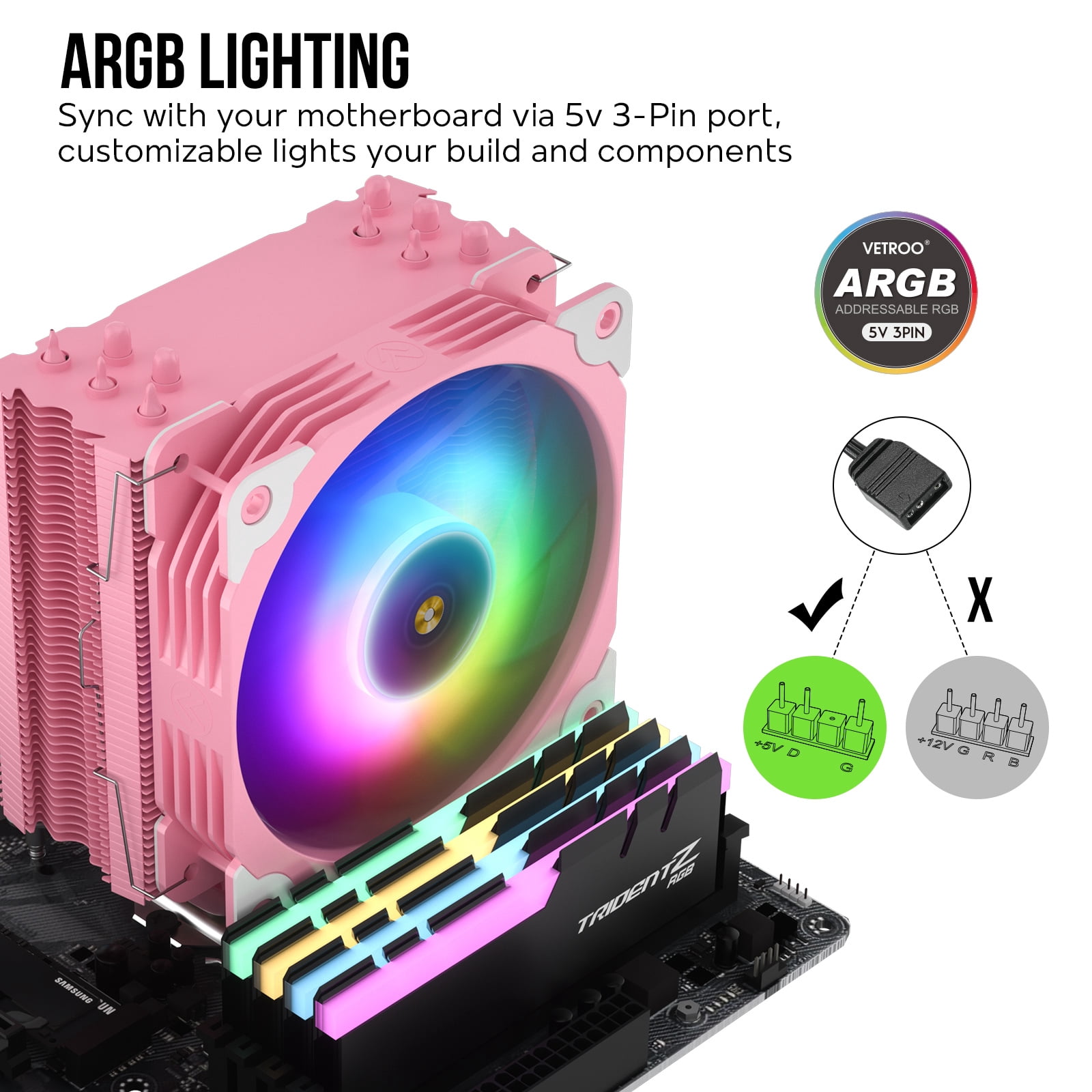 Vetroo V5 Pink CPU Air Cooler w/ 5 Heat Pipes 120mm PWM Processor Cooler for Intel LGA 1851/1700/1200/115X AMD Ryzen AM5 & AM4 w/Addressable RGB Lighting Sync