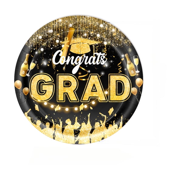 dgysar 42-Piece Congrats Grad Black & Gold Graduation Party Supplies, Tableware Set with Banner & Decor Paper plates 9-inche 10PC