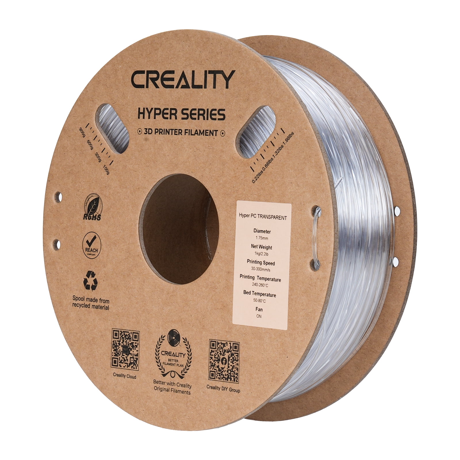 Creality Hyper PC Filament 1.75mm Crystal-Clear Finish Wide Compatibility 5kg
