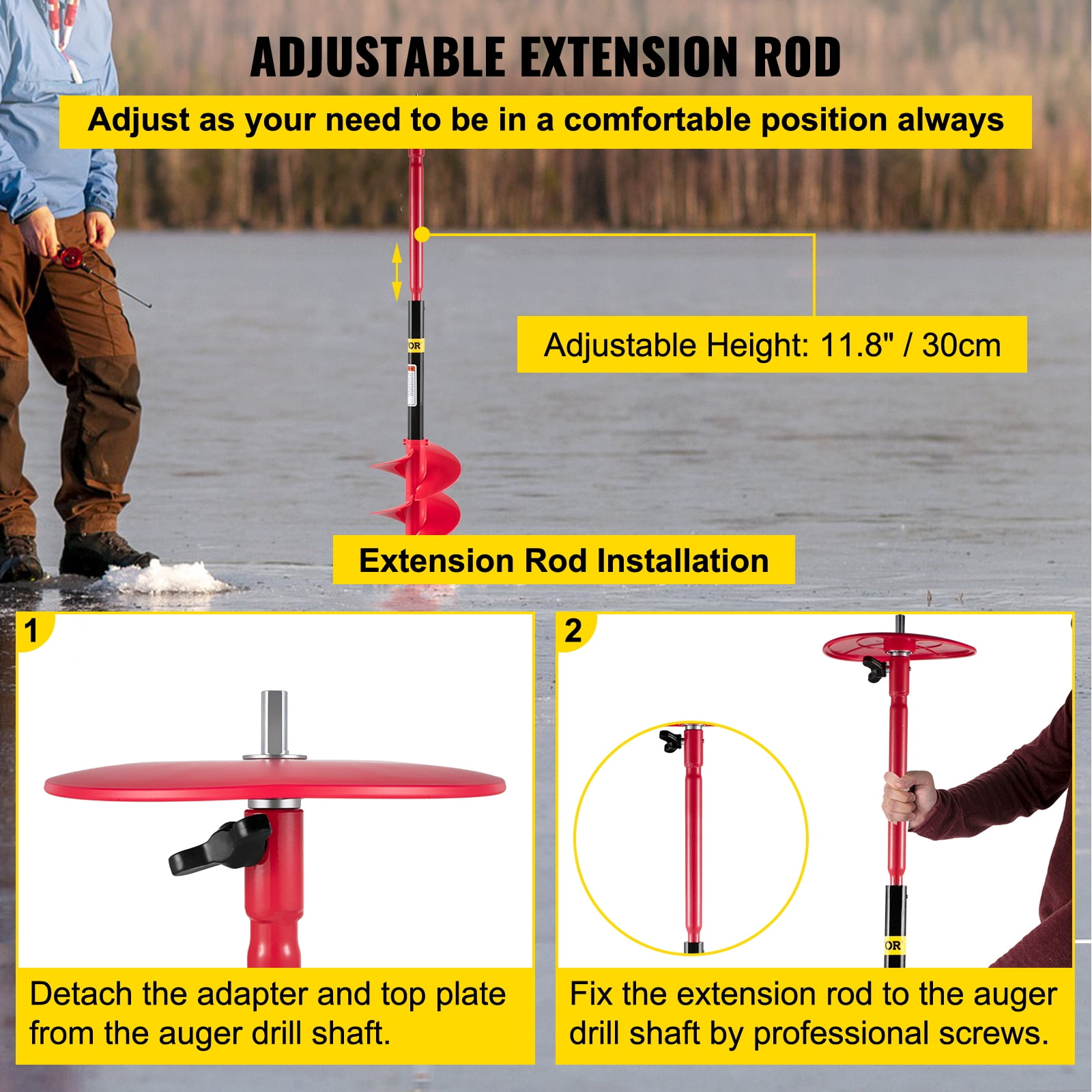 VEVOR Ice Drill Auger, 8'' Diameter Nylon Ice Auger w/ 39'' Auger Bit &11.8" Extension Rod, Auger Bit for Ice Fishing Ice Burrowing, Red