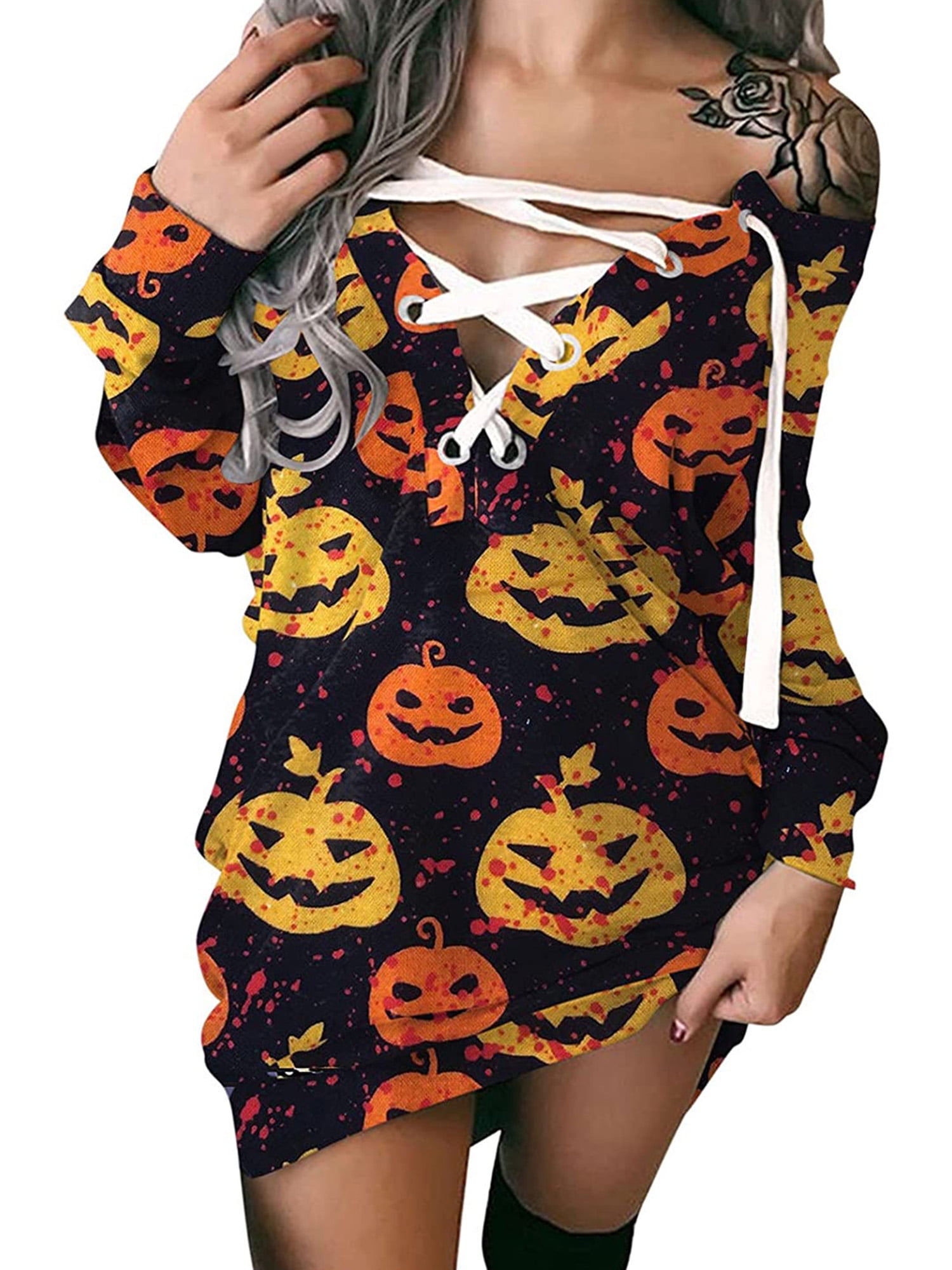 Sweatshirt Dress for Women Halloween Pumpkin Print Long Sleeve Off Shoulder V Neck Strappy Bandage Gradient Pullover Dress