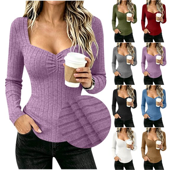 Bixock Long Sleeve Shirt for Women,Blouses for Women Crew Neck Knit Pullover Solid Color Slim Casual Sweater Warm Soft Daily Wear Women Clothings Size XL