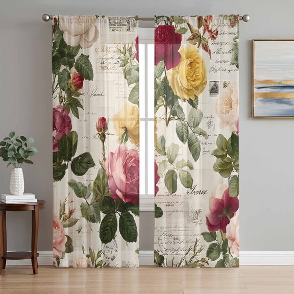 Vintage Flower Sheer Curtains 63 Inch Length 2 Panels Set, Farmhouse Spring Floral Voile Window Treatment Rod Pocket Curtains Sheers Drapes for Bedroom/Living Room/Kitchen 52x"63"x2