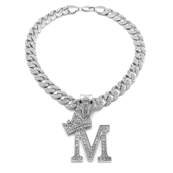 iJewelry2 Kings and Queens Crowned Initial Letter M Crystals Pendant Silver-tone Cuban Linked Chain Necklace