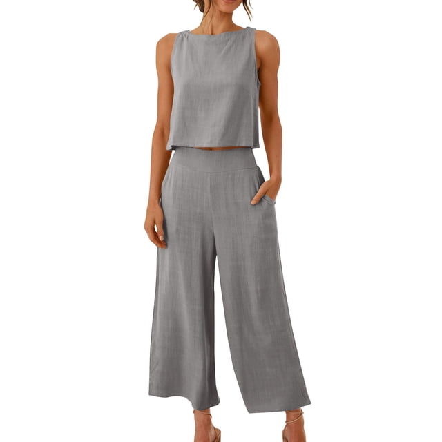 Womens Pajama Sets Cotton Linen Lounge Set 2 Piece Cropped Tank Tops and Wide Leg Pants Loungewear Summer Set