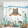 thumbnail image 2 of Funny Cat Shower Curtain, Cute Kitten Swimming in Teal Blue Ocean Sea Turtle Tropical Fish Jellyfish Starfish Coral Bathroom Curtain Kid Bathtub Decor Waterproof Machine Fabric Washable with Hooks, 2 of 6