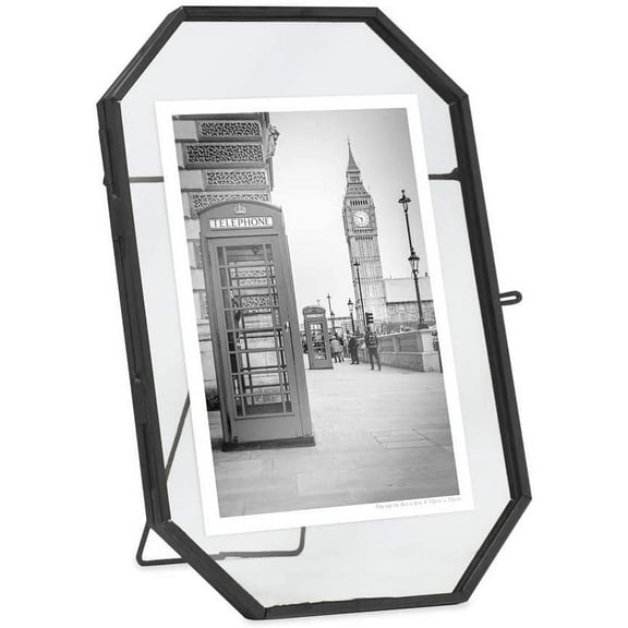 Isaac Jacobs Vintage Style Octagon Brass & Glass, Metal Floating Picture Frame with Locket Closure Vertical, Tabletop Display, Fits up to a Cutout 4 x 6