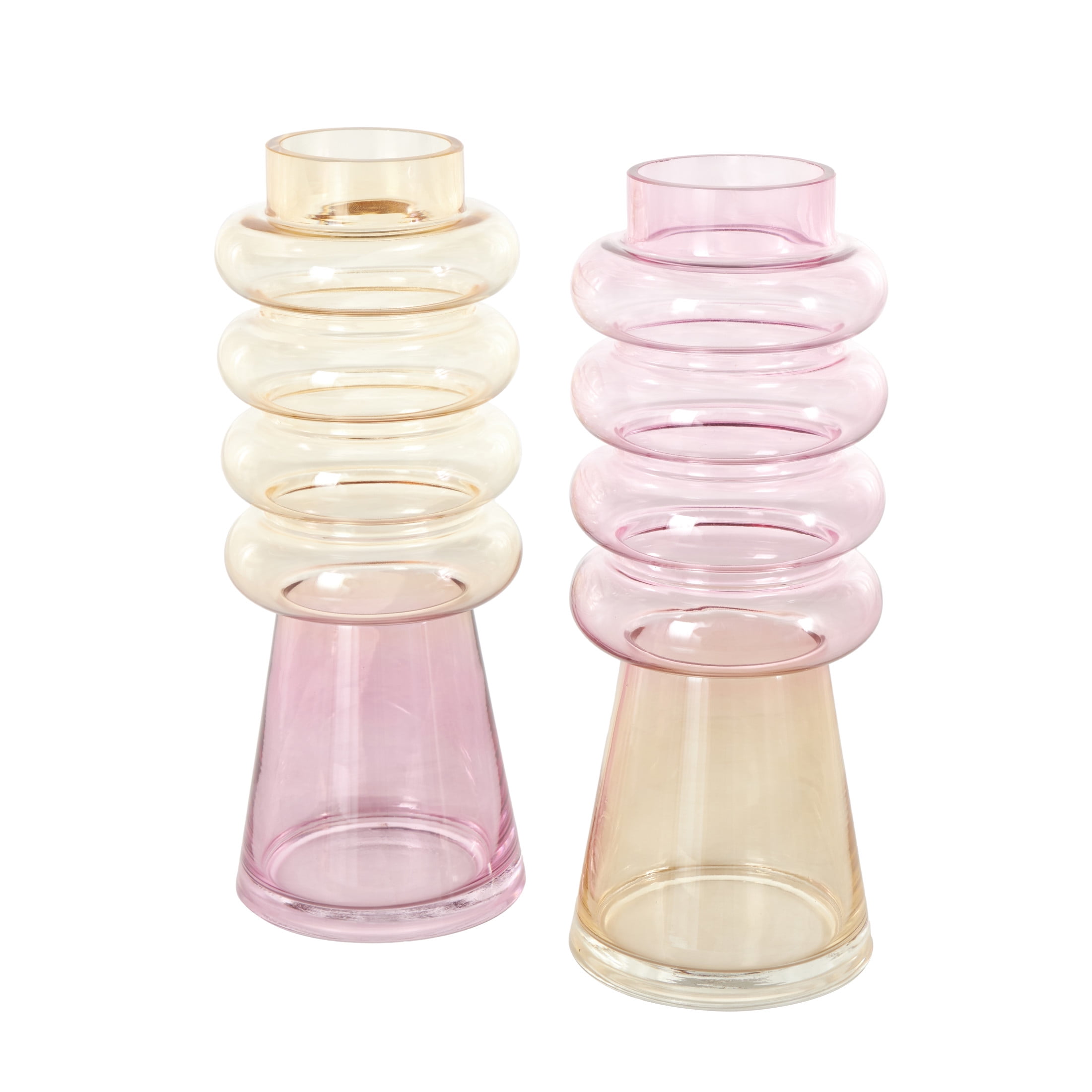 DecMode 5"W, 12"H Tinted Multi Colored Glass Vase with Color Blocks, Set of 2