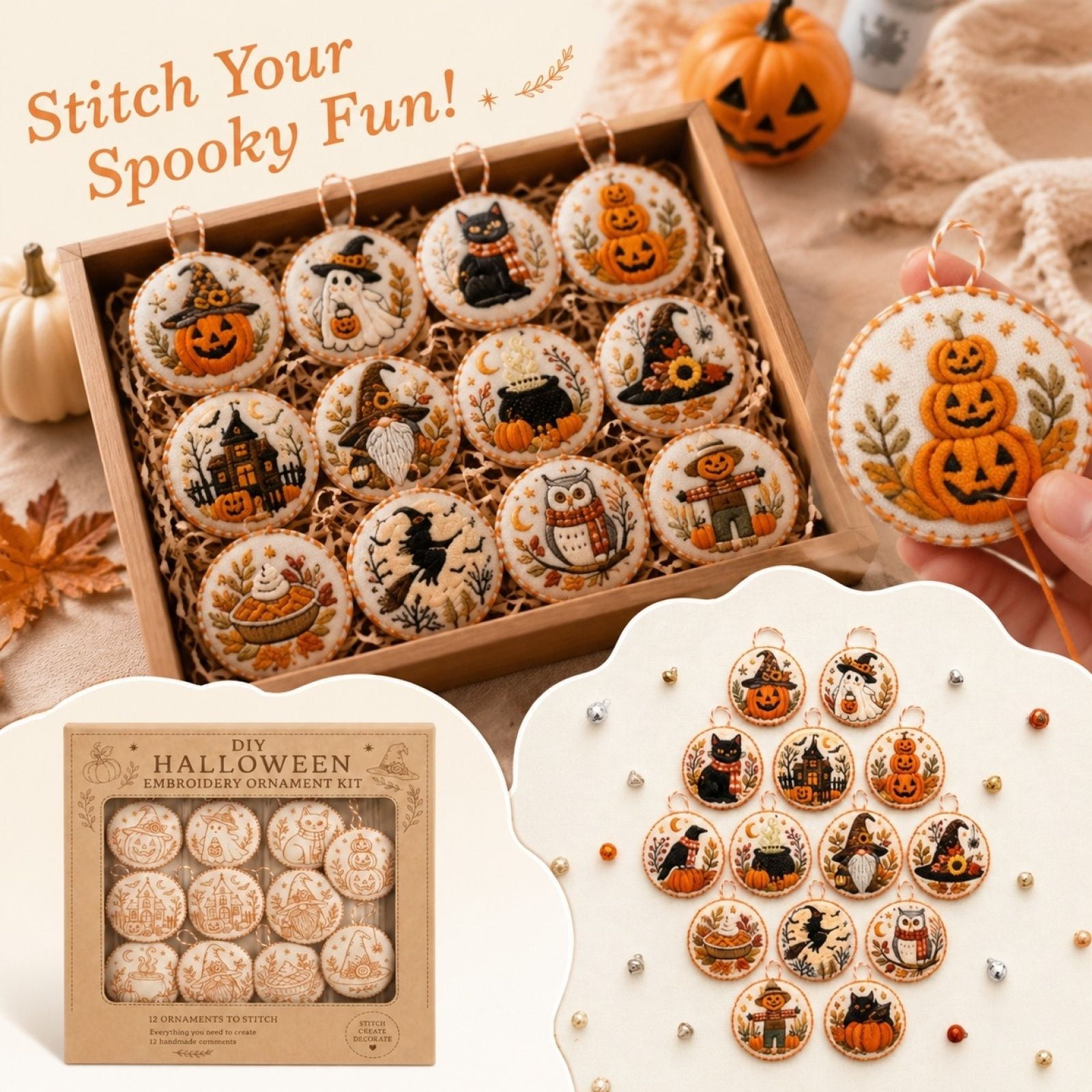 Halloween Embroidery Kit with 12 Wooden Hoop Ornaments Spooky Home Decor Party Supplies for Adults and Kids Diy Gift Set for Autumn Festivities