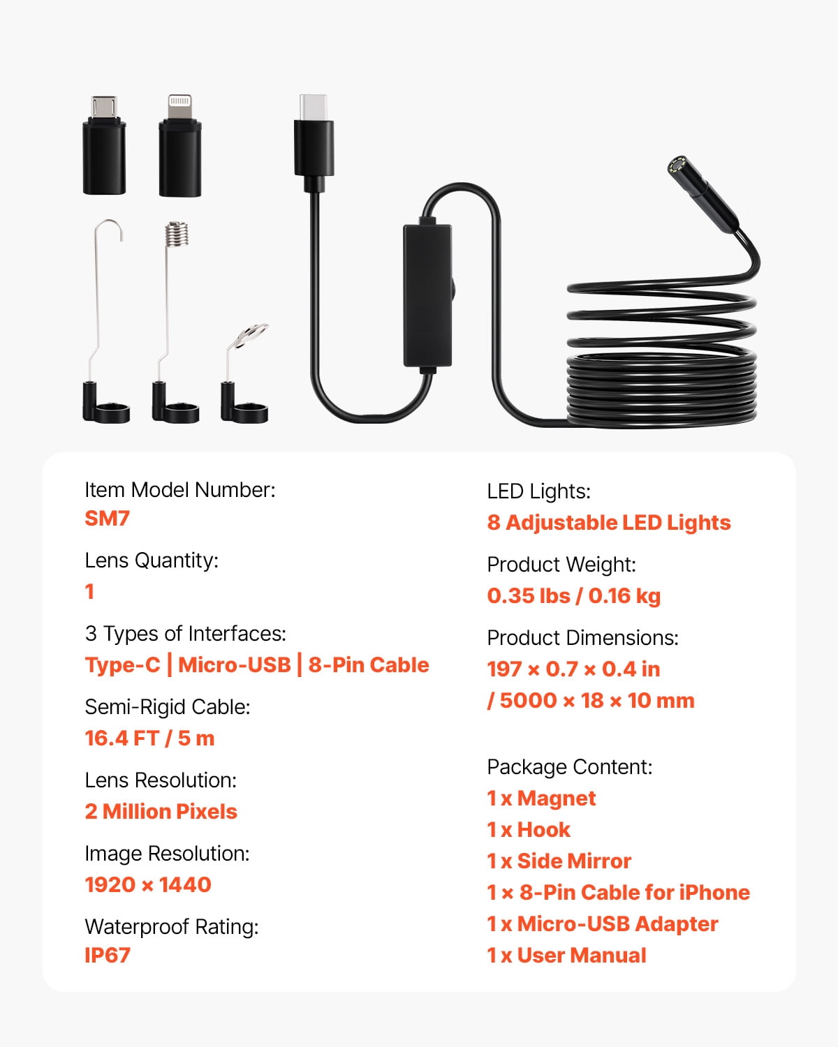 VEVOR Endoscope Camera with Light, 1920P HD Borescope for Android & IOS, 8 LED Lights Inspection Camera with 16.4FT Semi-Rigid Cable, 2X Zoom, IP67 Waterproof Snake Scope Camera for Auto, Plumbing