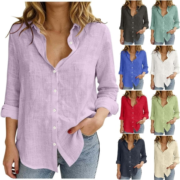 cocolona Womens Button Down Linen Shirts Summer Casual Solid Color Long Sleeve Tops Dressy Casual Blouses