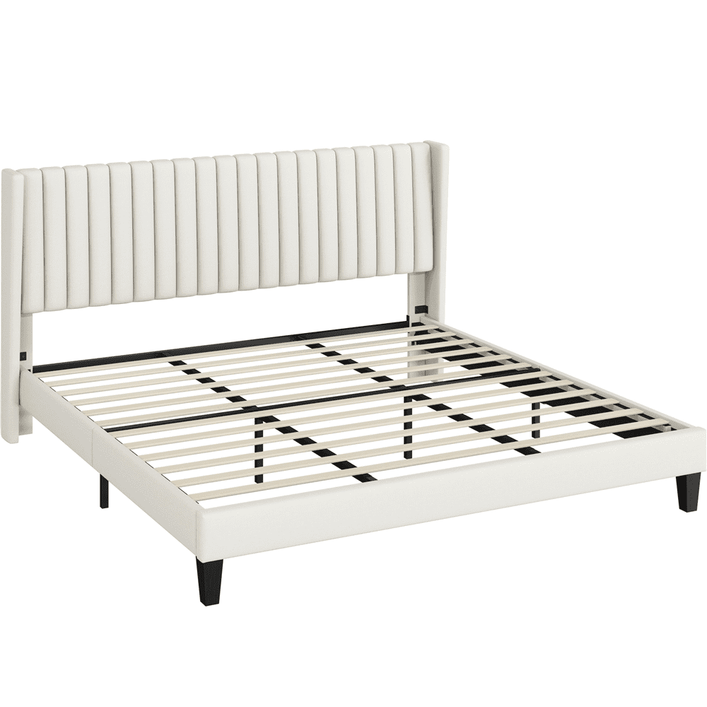Renwick Wingback Upholstered Platform Bed Frame, King, Ivory