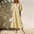 thumbnail image 2 of ZHOGXU Women's Summer Dresses V Neck Puff Half Sleeve Maxi Dress Casual Sundress For Work,Yellow,M, 2 of 4