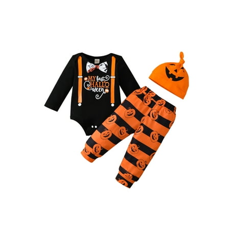 

CenturyX Kids Baby Boys Halloween 3pcs Outfits Set Long Sleeve Tops Romper Pumpkin Striped Pants Hat Clothes Orange 12-18 Months