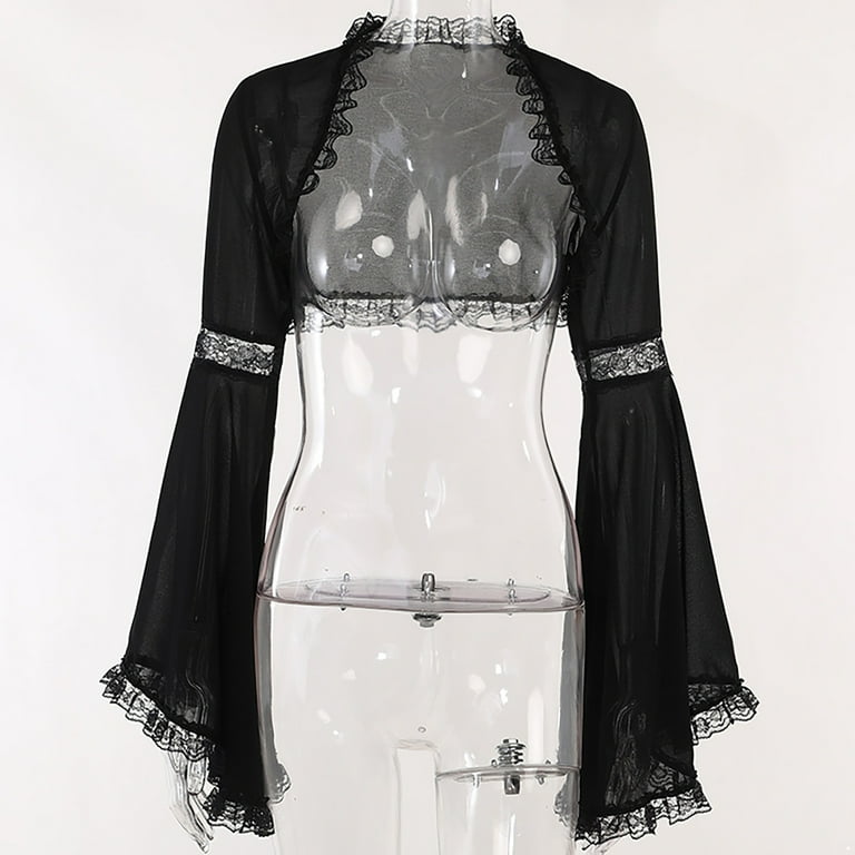 Women's Black Fairy Lace Bolero Shrug - Gothic Bell Sleeve Cover-Up For Festival, Rave, Y2K