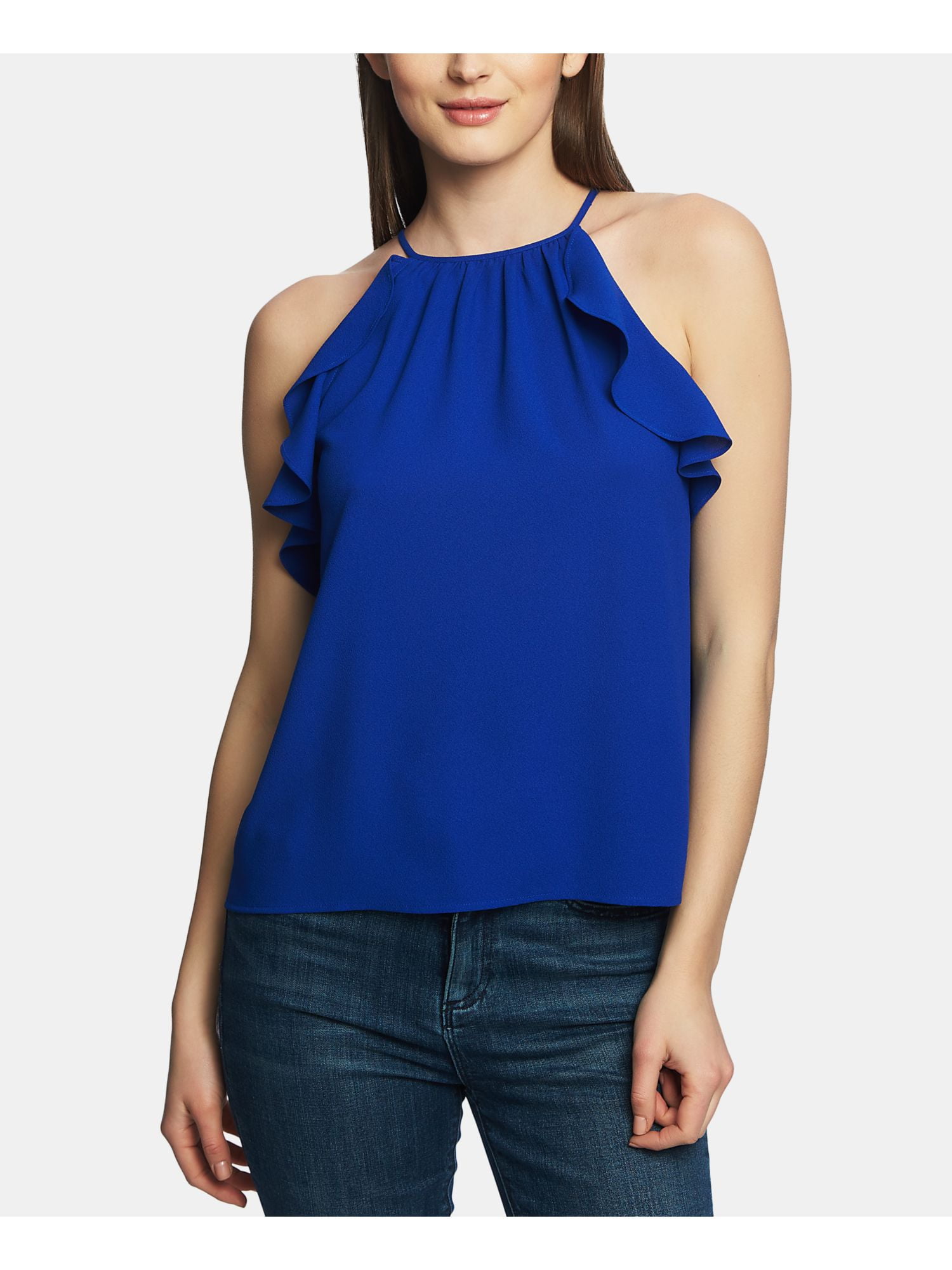 1.STATE 1. STATE Womens Blue Ruffled Sleeveless Halter Top Size L