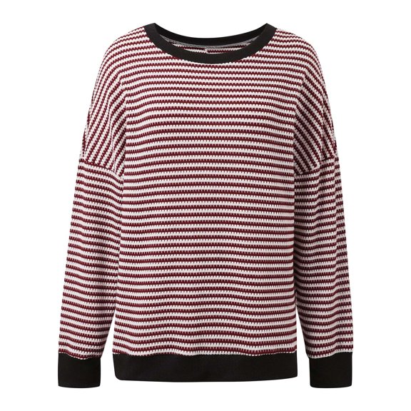 2025 New Striped Print Waffle Sweatshirts for Women Loose Fit Crewneck Drop Shoulder Long Sleeve Pullover Tops Trendy Soft Comfy Split Hem Stylish Outfit for Daily Wear Red XL