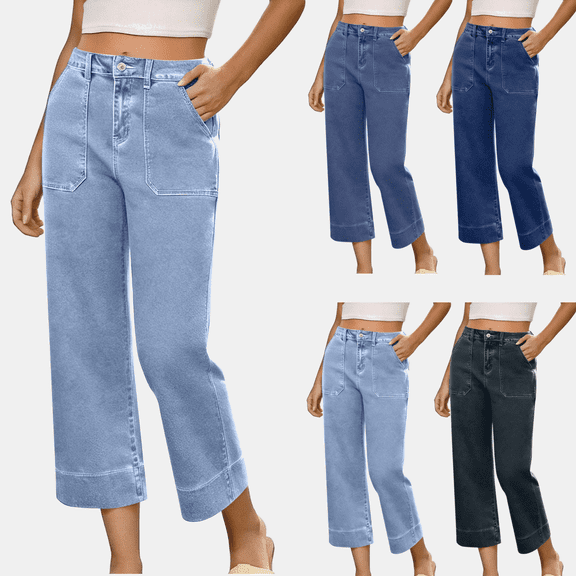 hoksml Women's High Waisted Wide Leg Cropped Jeans Stretchy Relaxed Fit Denim Pants with Functional Patch Pockets for Casual Daily Wear