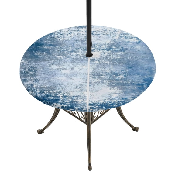 Round Outdoor Tablecloth with Umbrella Hole and Zipper, Shabby Navy Blue Fitted Table Cover with Elastic Edge for 55-60 Inch, Oil Painting Vintage Art Blue White Waterproof Patio Tablecoths