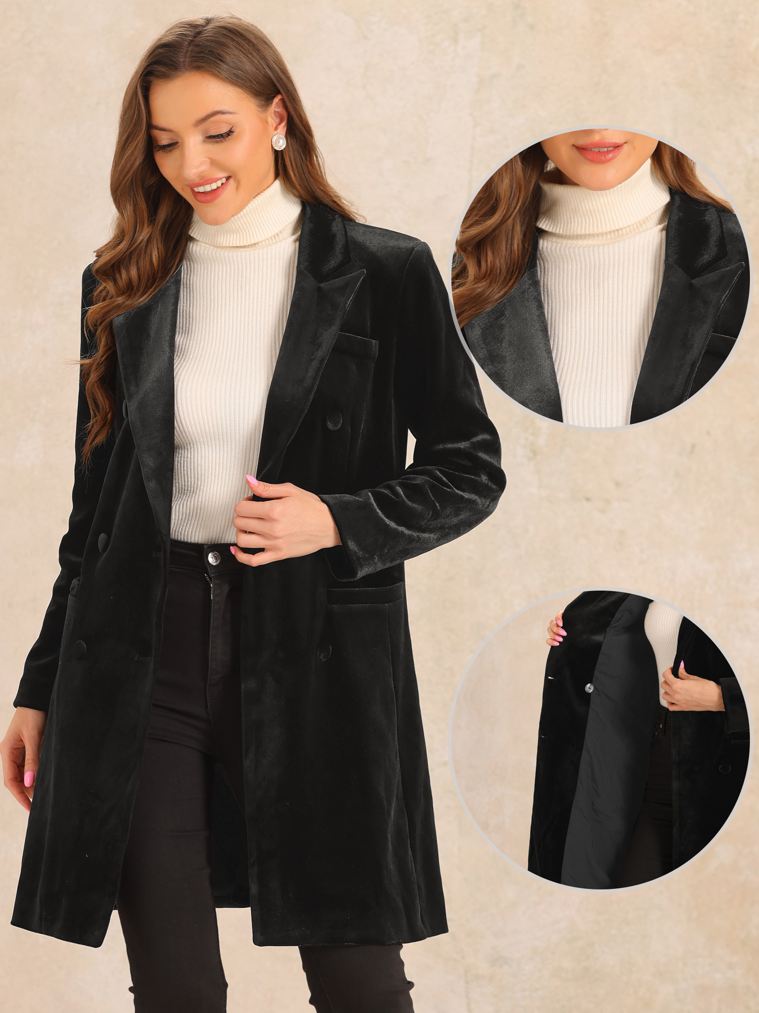 DARING DIVA Women's Velvet Lapel Double-Breasted Long Outerwear Winter Coats XS Black