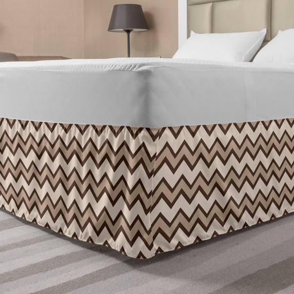 Tan Bed Skirt, Classic and Fashionable Chevron Zigzag Pattern Waves Geometric Retro Style Tiling, Elastic Bedskirt Dust Ruffle Wrap Around for Bedding Decor, 4 Sizes, Brown and Tan, by Ambesonne