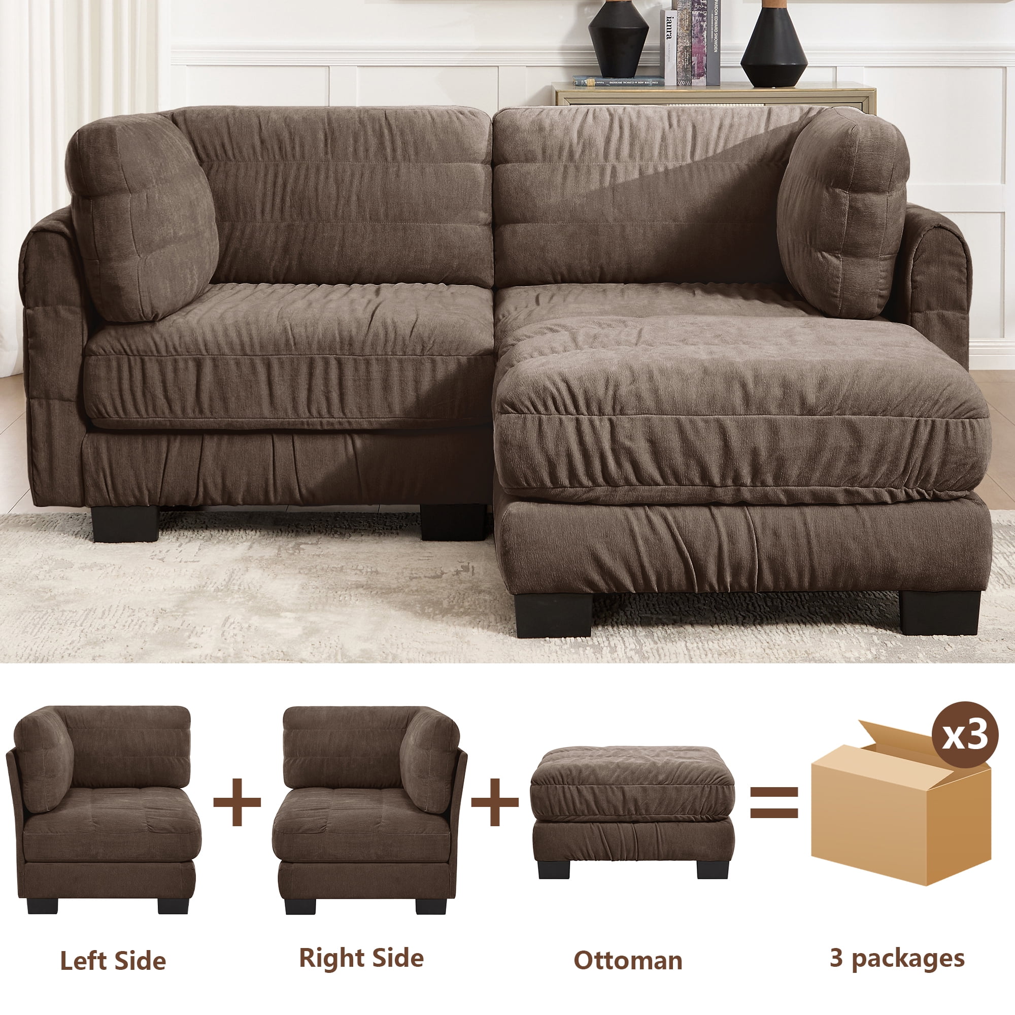 78" 2 Seat Chenille Modular Sectional Sofa with Movable Ottoman and L Shape Back Cushions,Easy Assembly