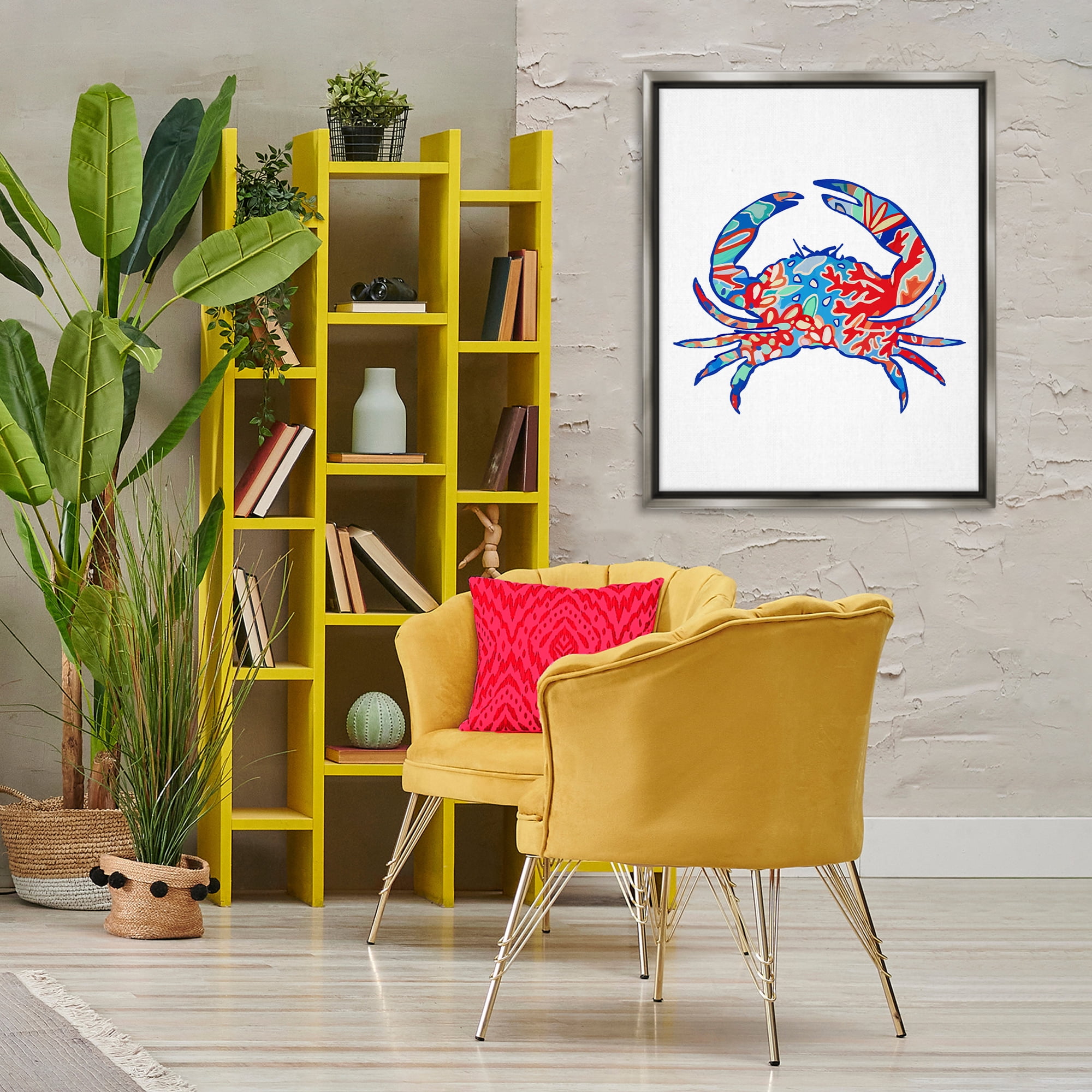 Stupell Industries Coral Patterned Crab Animals & Insects Painting Gray Floater Framed Canvas Art Print Wall Art, 25 x 31