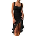 thumbnail image 3 of Women'S Ruched Bodycon Midi Dresses Square Neck Sleeveless Ruffle Hem Club Party Tank Dress Black S, 3 of 7