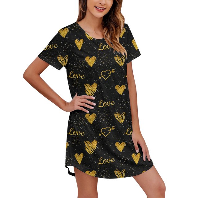 Gibobby Pijama algodón mujer Camisón de manga corta con estampado y cuello redondo para mujer, camisón cómodo(Negro,CH)