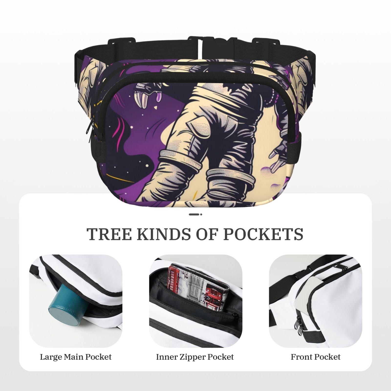 Picia Astronaut Floating purple Space Print Square Double-Layer Waist Bag Mini Adjustable Waist Belt Bag Exercise Running Travel Hiking